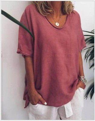 Spring Summer Loose Short Sleeves cotton linen blouse top Women Summer Tops - Velora