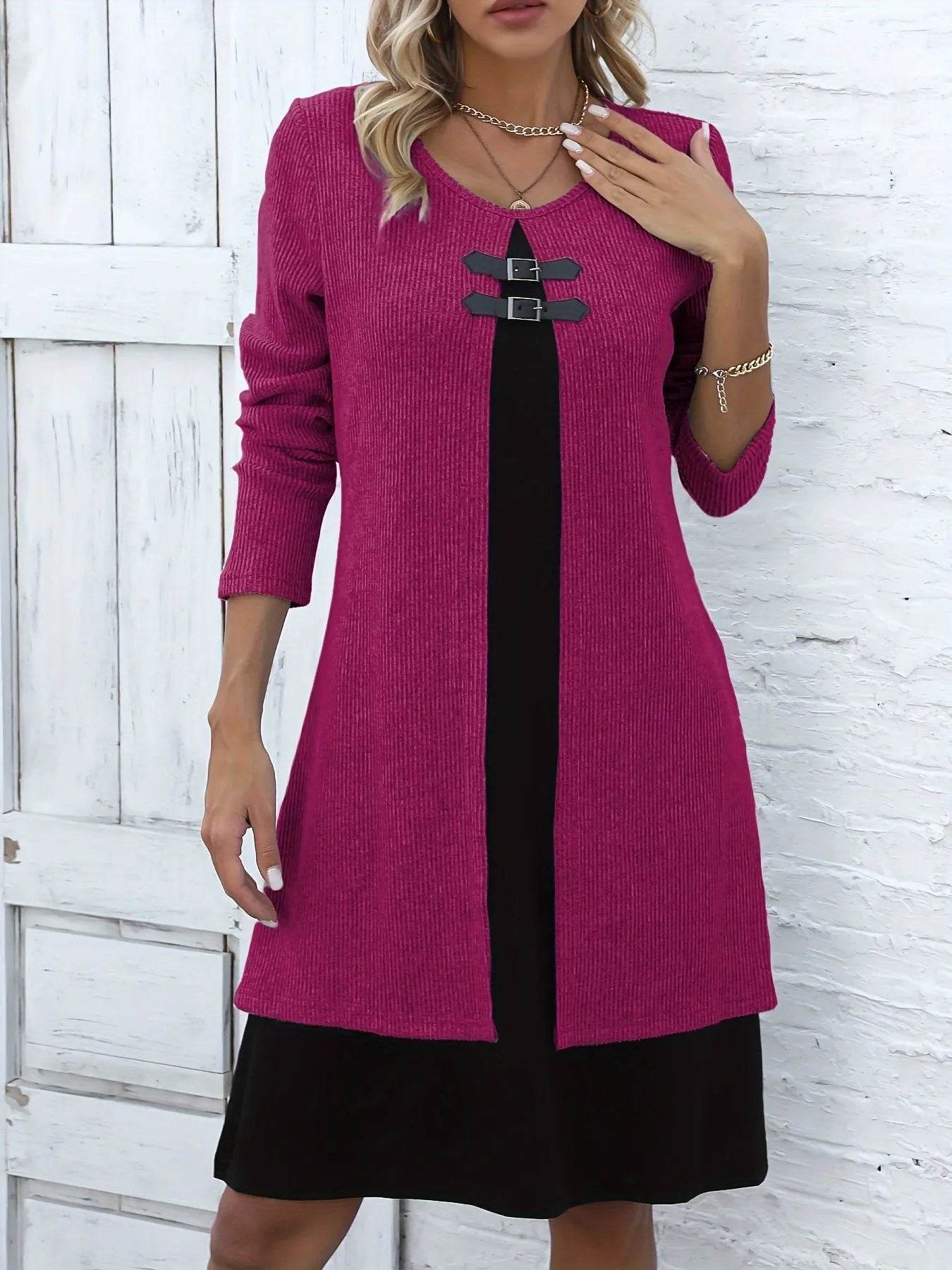 Contrast Color Buckled Round Neck Fashion Winter Sweater Dress - Velora