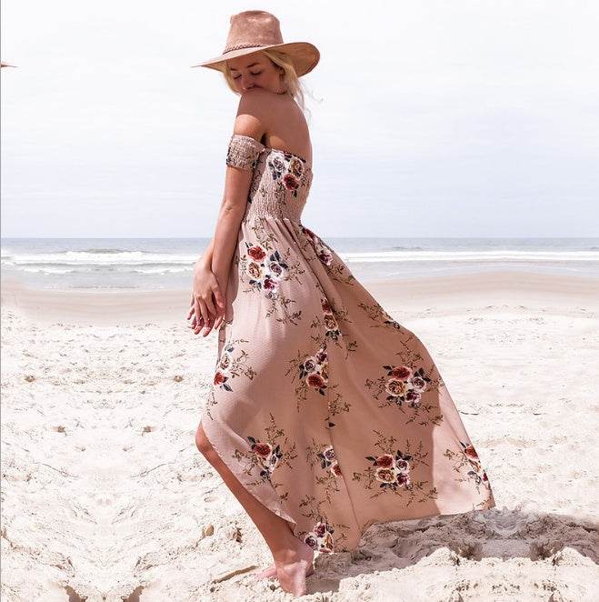 Elegant Ladies Summer Boho Vacation Resort Slit Maxi dress off shoulder Long floral Beach summer slit dress - Velora