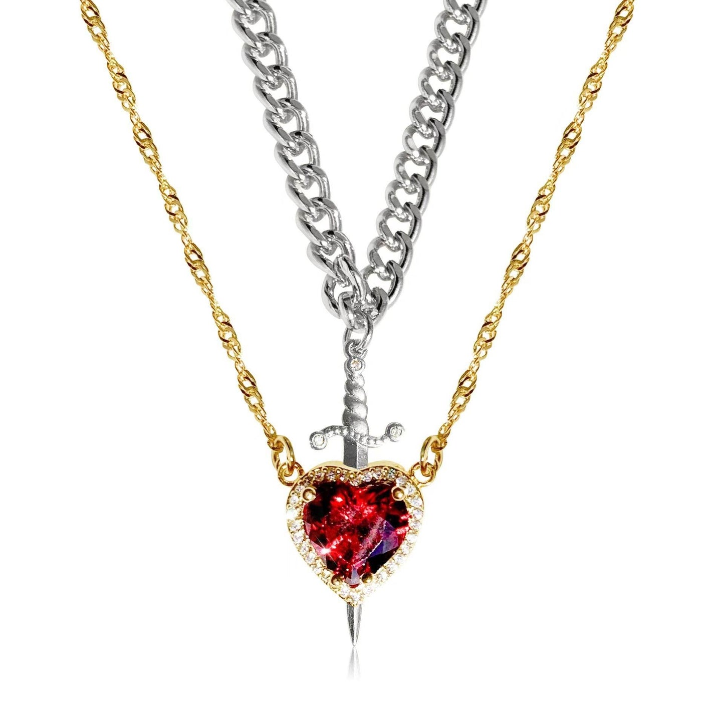 New Heart And Sword Necklace Set Gold Color Stainless Steel Crystal Couple Necklaces For Women Men Boyfriend Girlfriend Gifts - Velora