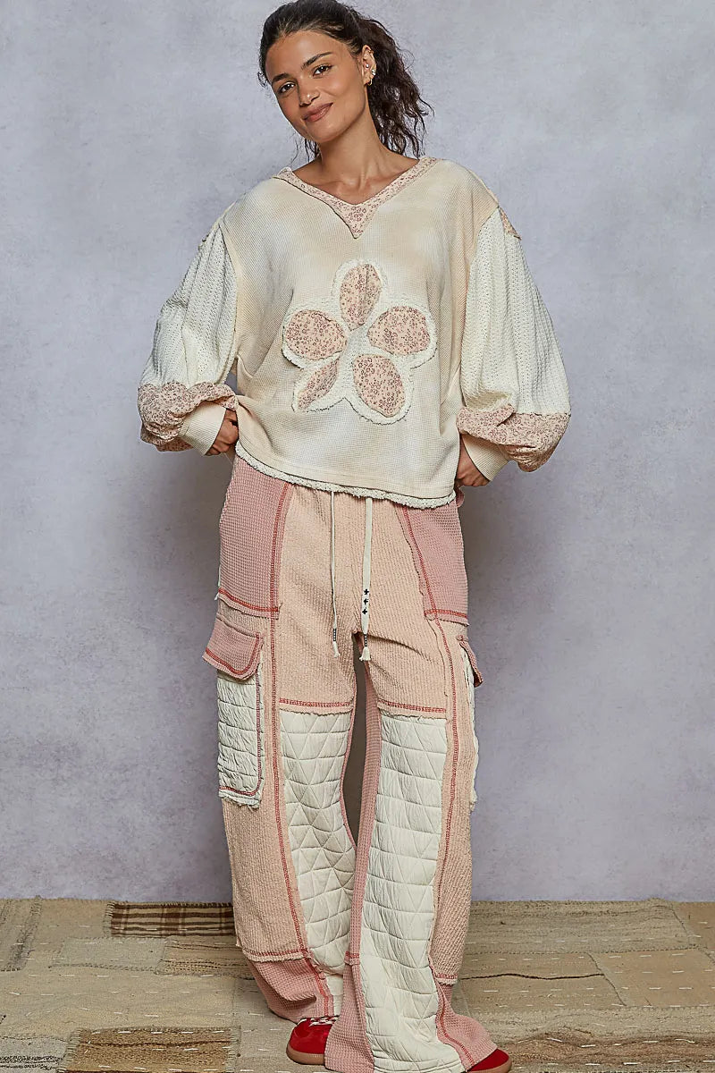 POL Raw Hem Washed Hoodie with Flower Patch - Velora