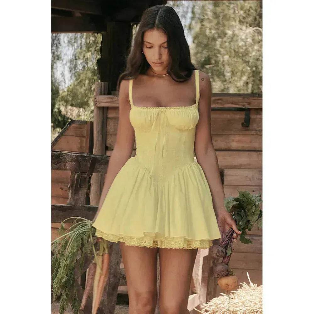 Elegant Chic Women Suspender Mini Skater Dress Summer Fashion Lace-up Slim Waist Pleated Short Dresses For Evening Party Cocktail Occasions - Velora