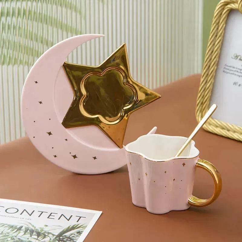 4pc set Creative Porcelain Ceramic Coffee Cup With Star And Moon Saucer - Velora