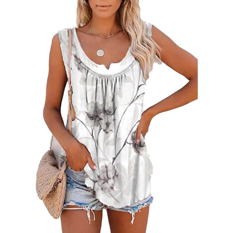 Casual Spring And Summer Tops Printed Sleeveless Pleating Vest T-shirt For Women - Velora