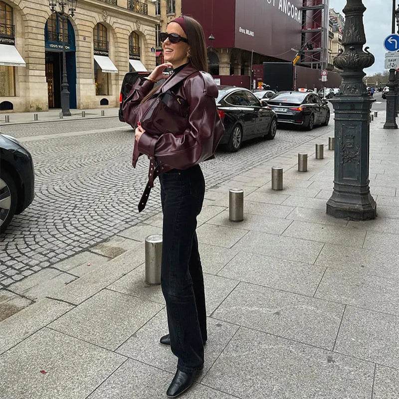 Loose Lapel Leather Jacket Fashion Cropped Tops Streetwear For Womens Clothing - Velora