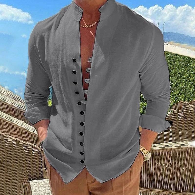Retro Button Design Long-sleeved Shirt Men's Casual Loose Top Mens Clothing - Velora