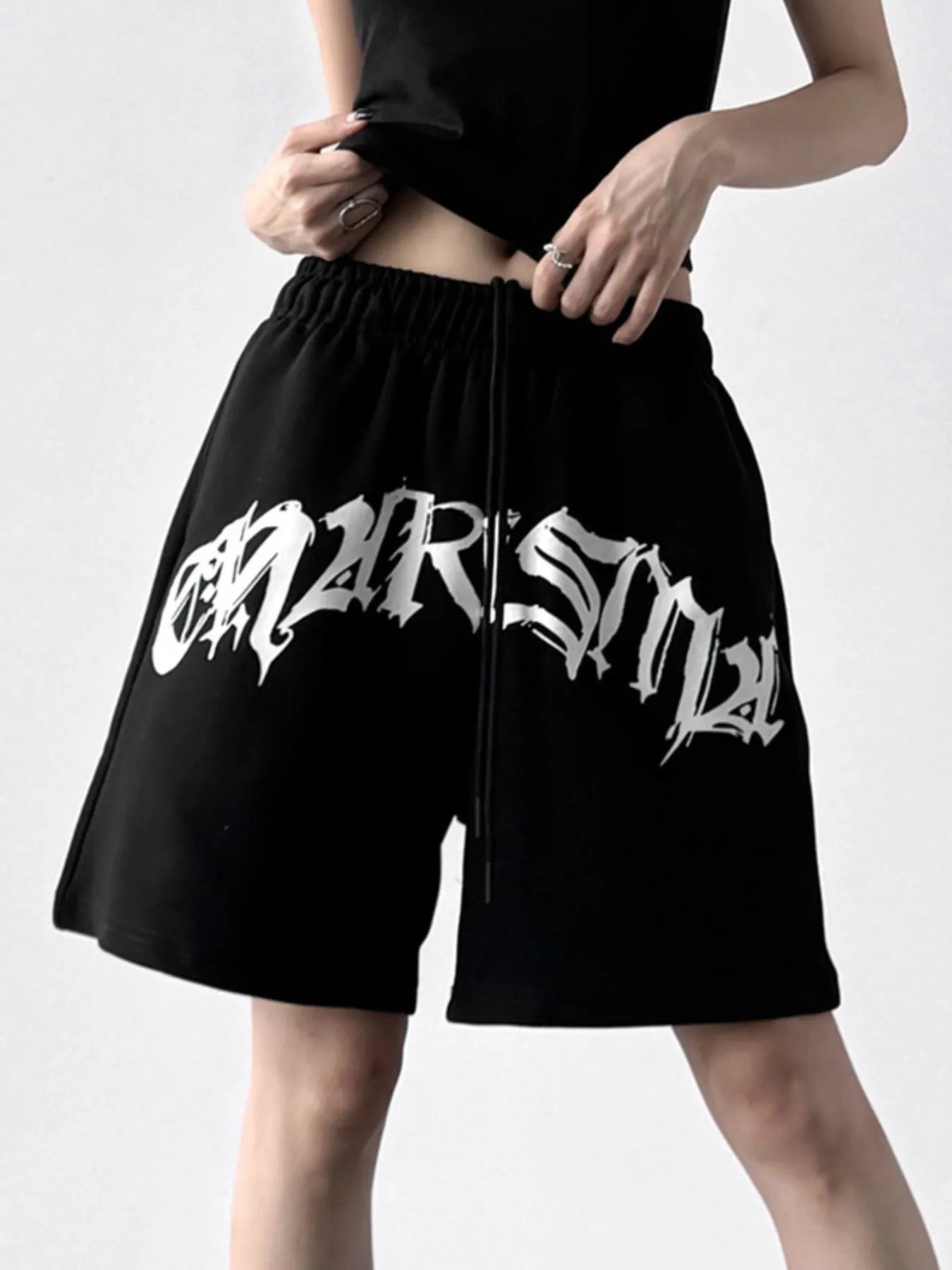 Oversized Drawstring Letter Shorts - Velora
