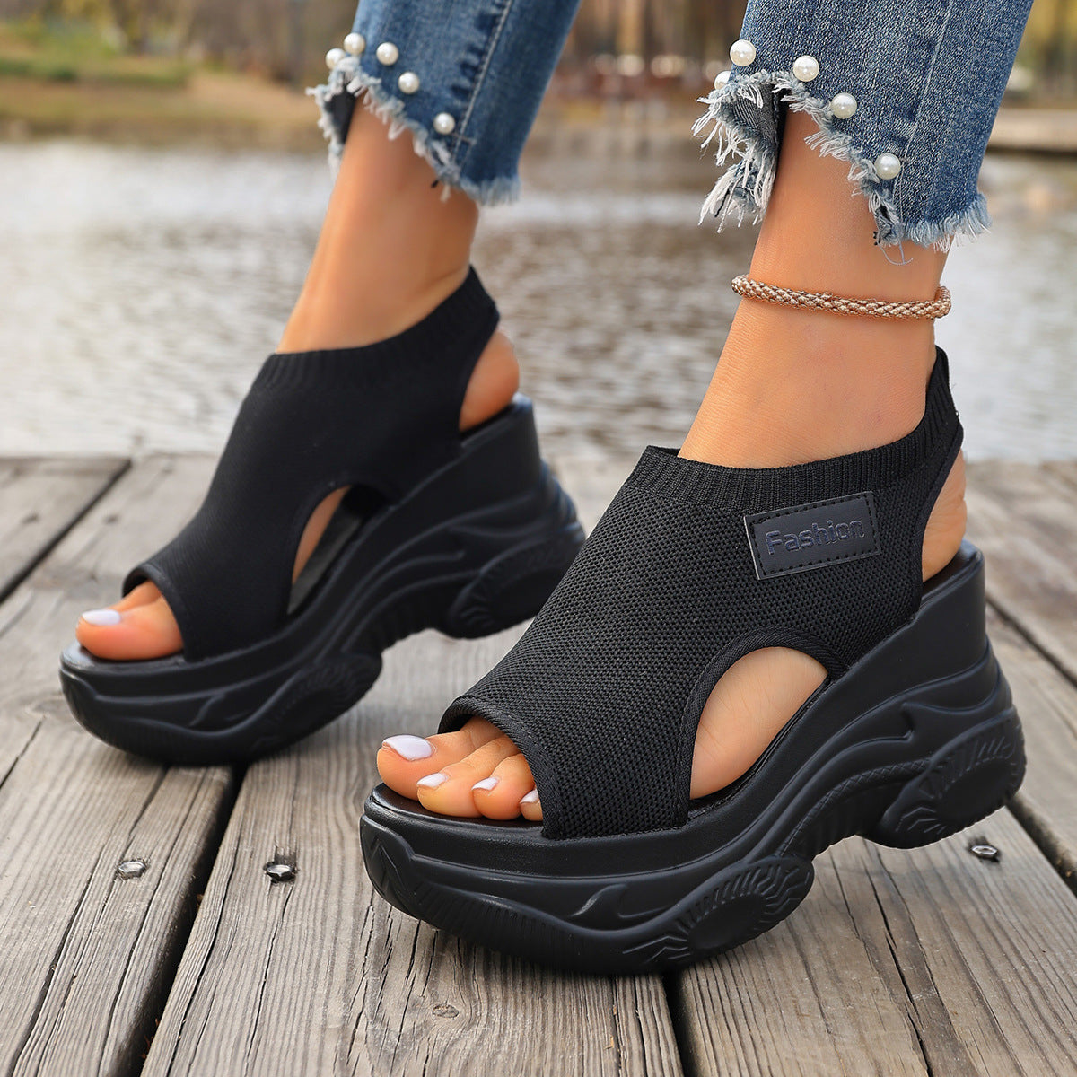 Women's Chunky Wedge Sandals – Open Toe Breathable Slip-On Platform Shoes
