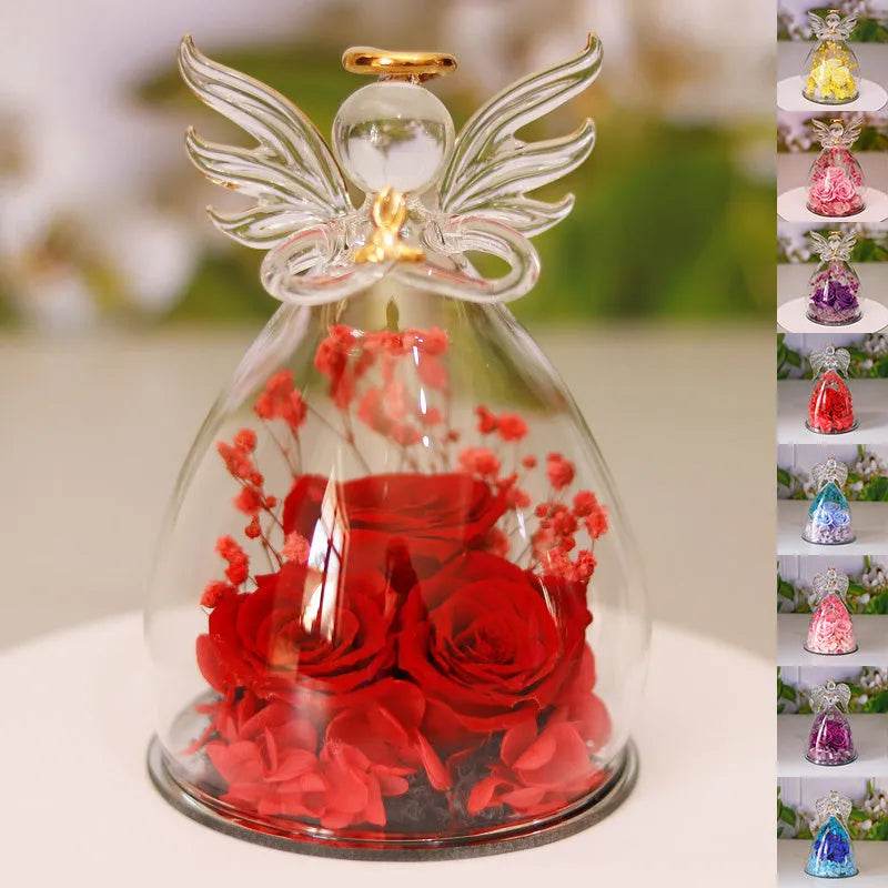 Eternal Flower Gift Box Angel Glass Cover Dried Rose Gift Box For Christmas New Year Valentine's Day Home Decor - Velora