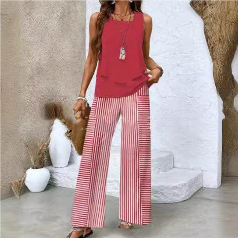 Print Suits Sleeveless Double-layer Vest And Loose Straight Pants Womens Clothing - Velora
