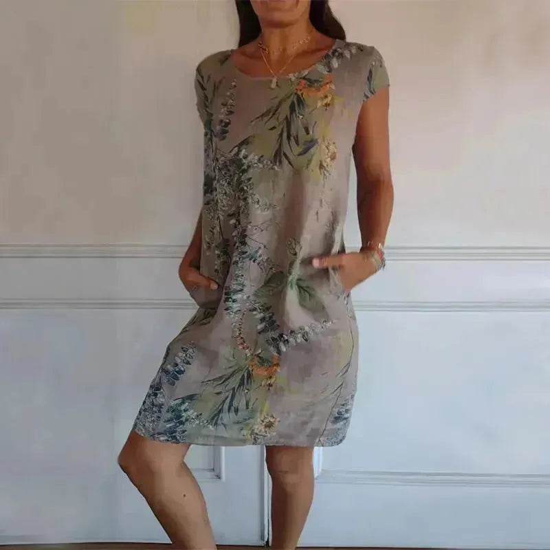 Casual Floral Printed Straight Dress Summer Loose Round Neck Short Sleeve Midi Dresses Womens Clothing - Velora