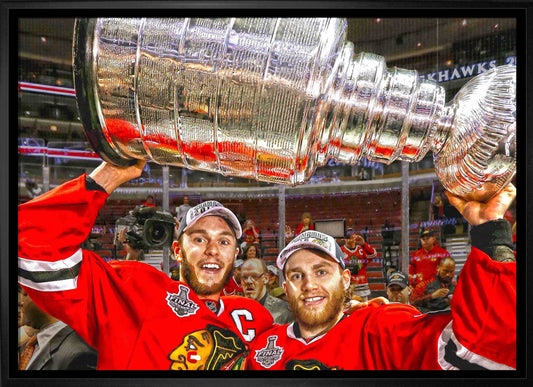Jonathan Toews & Patrick Kane Chicago Blackhawks Framed 20x29 Lifting Stanley Cup Canvas Frameworth Sports Marketing