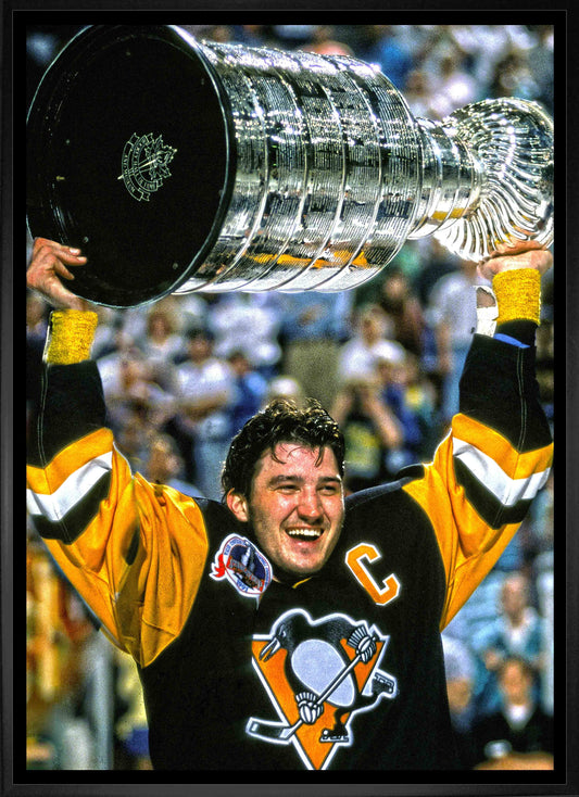 Mario Lemieux Pittsburgh Penguins Framed 20x29 Raising Cup Canvas Frameworth Sports Marketing