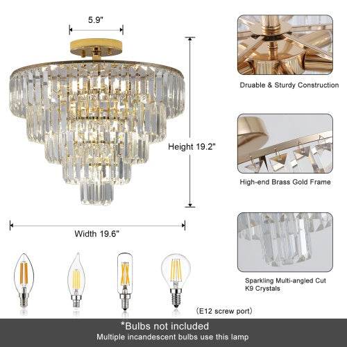 Golden Crystal Chandelier, 5-layer Round Semi-recessed Chandelier Lamp, Large Modern Luxury Chandelier, Suitable For Living Room, Dining Room, Bedroom, Corridor - Velora