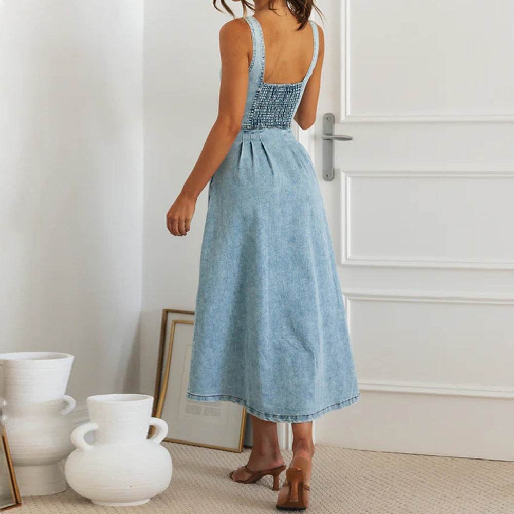 Women's sleeveless Denim Buckle Strap Midi maxi Dress - Velora