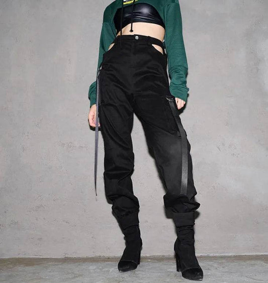 Women Black High Waist Pencil Pants Pockets Patckwork Hollow Out Pants Fashion Women Streetwear Cargo Pants Women Pants - Velora