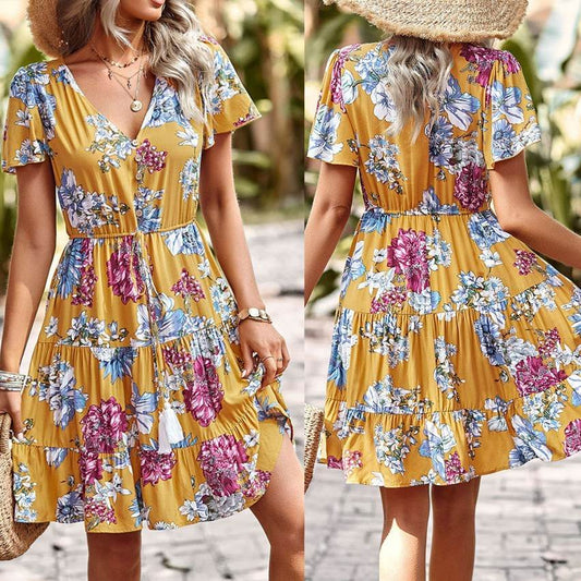 Women Casual floral summer dress Printed V-neck short sleeve Mini Dress - Velora
