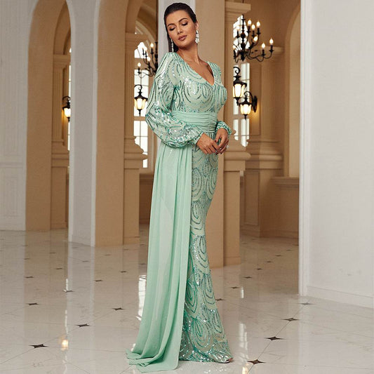 Long Sleeve Sexy Long Sequined V-neck Banquet Ribbon Evening Dress - Velora