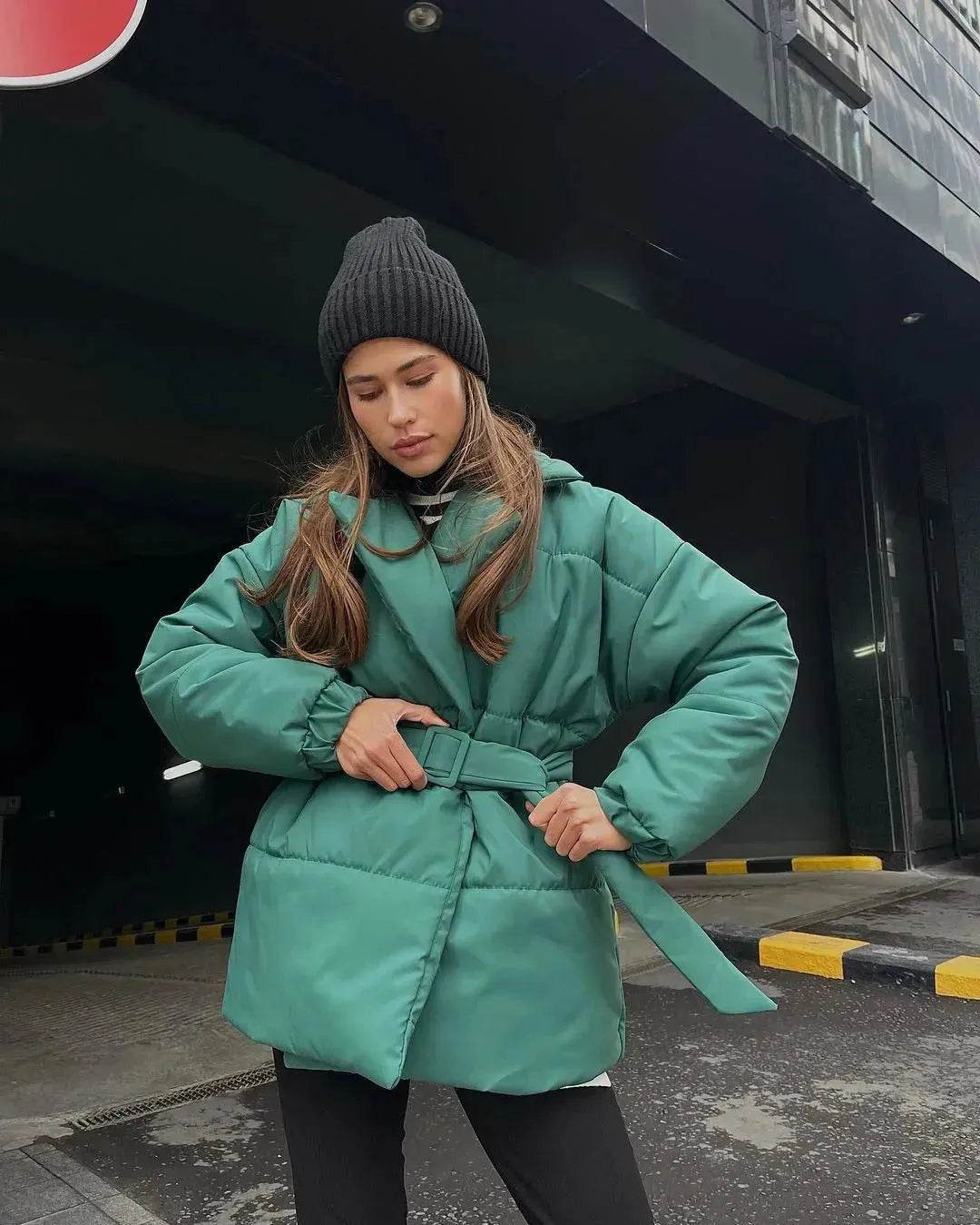 Winter Lapel Waisted Cotton Coat Hooded Winter Jacket women - Velora