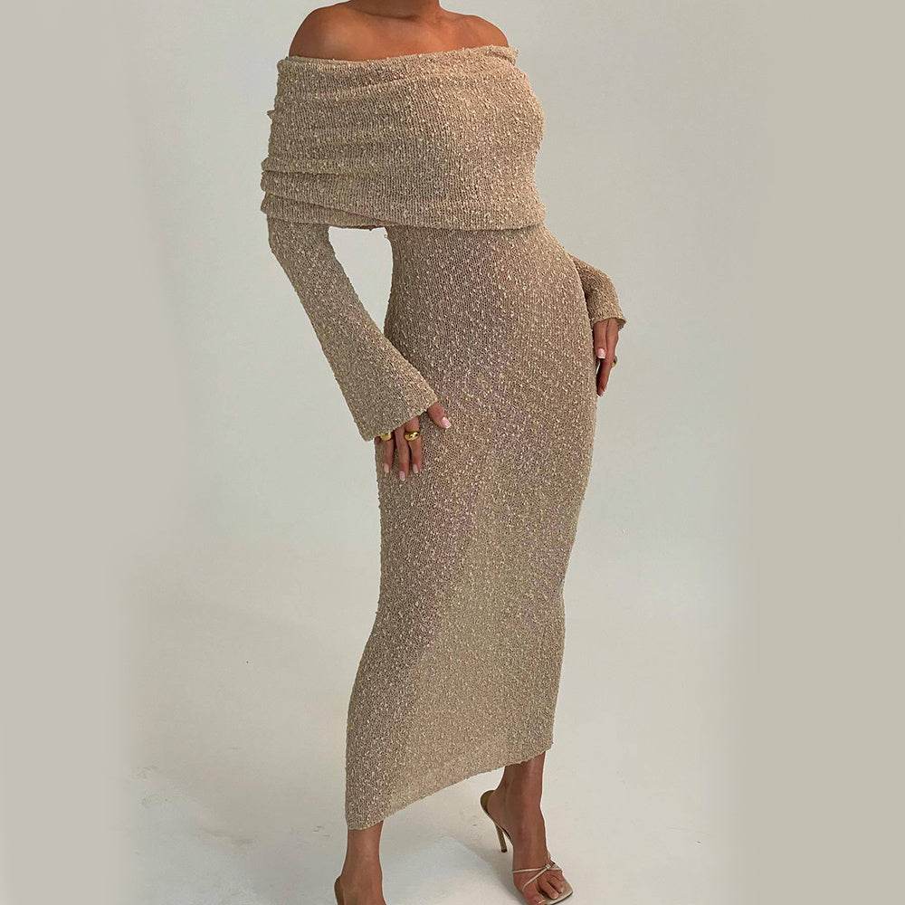 New One-shoulder Knitted Long-sleeved Dress Sexy Beach Holiday Long Dresses Womens Clothing - Velora