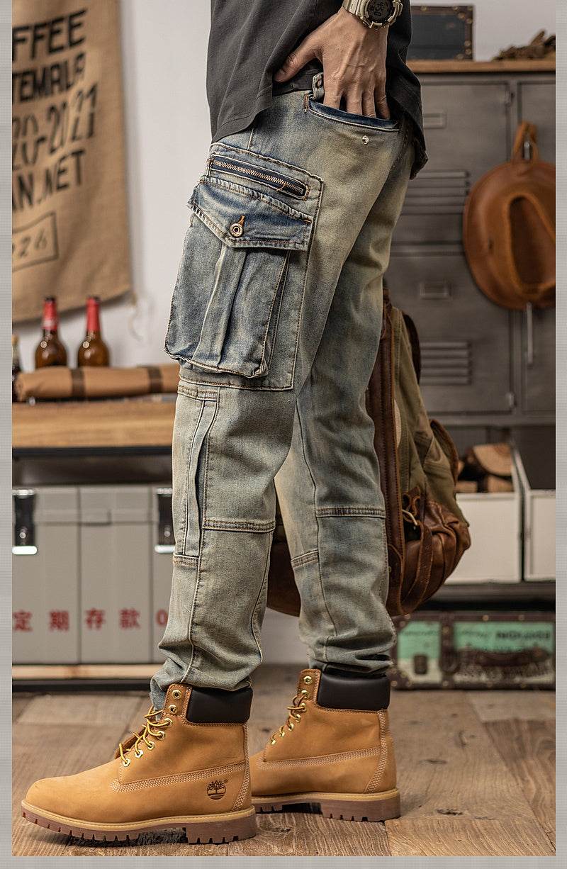 Sprin Autumn Retro Slim Fit Straight Leg Casual Distressed Denim Jeans Cargo Pant Men - Velora