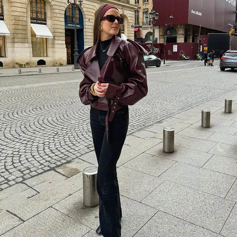 Loose Lapel Leather Jacket Fashion Cropped Tops Streetwear For Womens Clothing - Velora