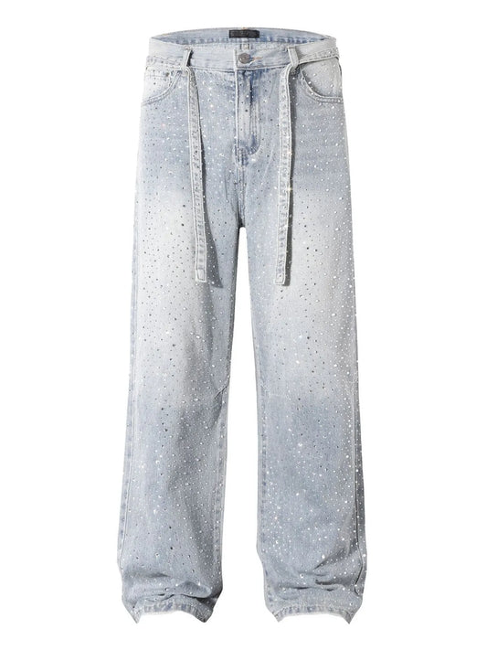Men's Rhinestone Embellished Wash Relaxed Fit Jeans - Velora