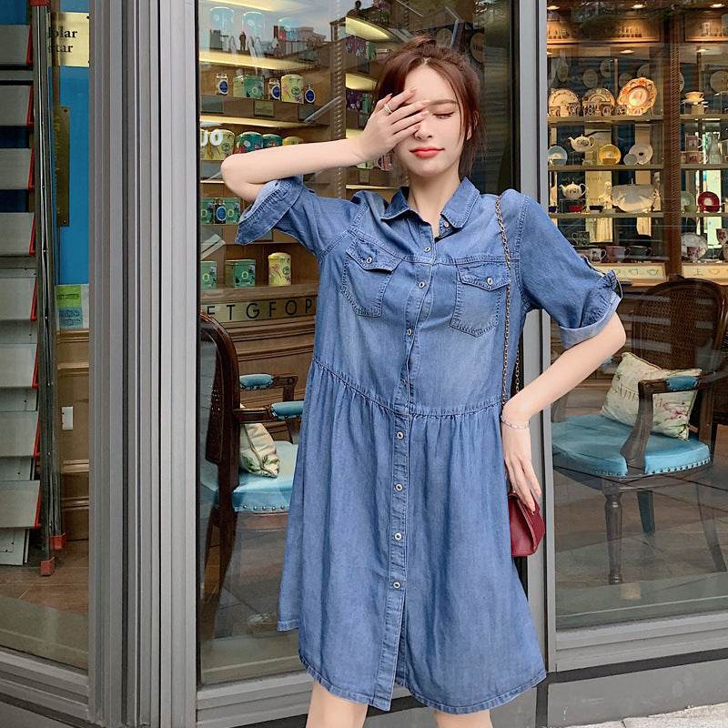 Casual Short sleeve Loose denim dress - Velora