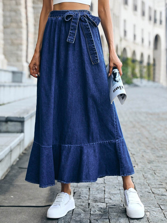Ladies Fashion Casual Ruffled Blue Denim Maxi Skirt Women - Velora
