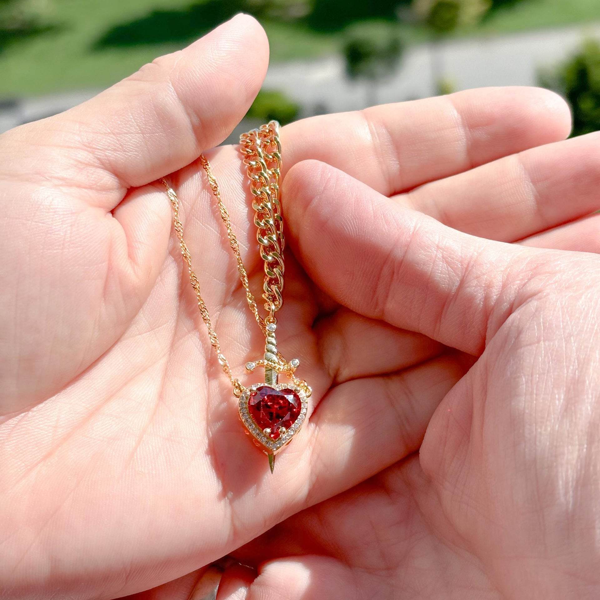 Gothic Punk One Arrow Through The Heart Creative Two Color Couple Necklace Red Rhinestone Heart Dagger Necklace Good Friend Gift Fashion Jewelry - Velora
