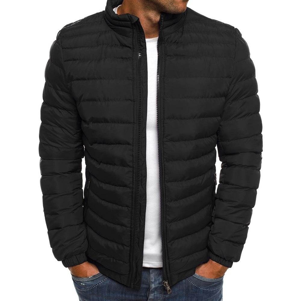 Men Jacket Zipper Solid Color Long Sleeves Pockets Coldproof Autumn Thicken Cotton Padded Overcoat For Outdoor - Velora
