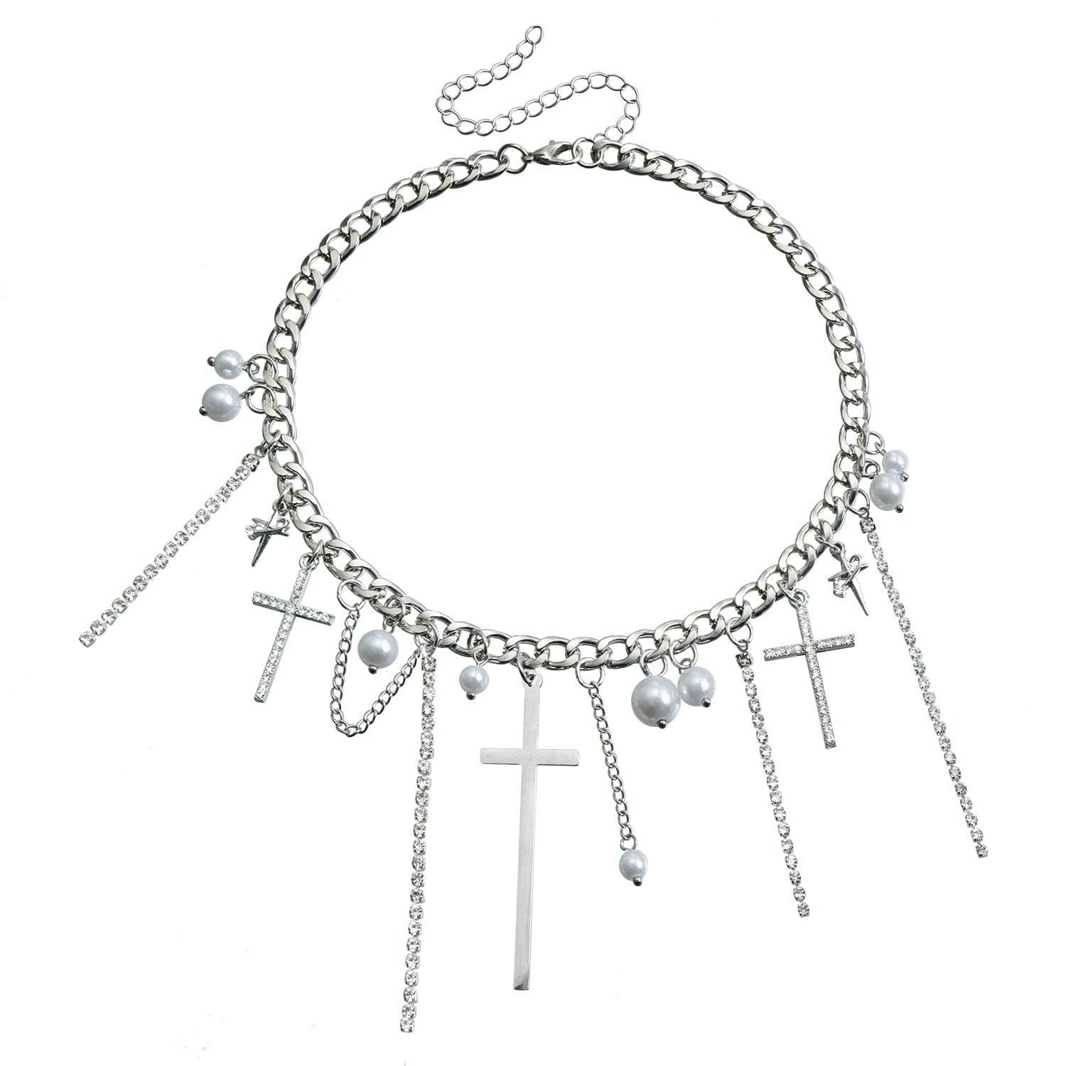 Cross Tassel Pearl Collarbone Chain Jewelry Cool Spicy Girl Necklace Fashion Jewelry - Velora