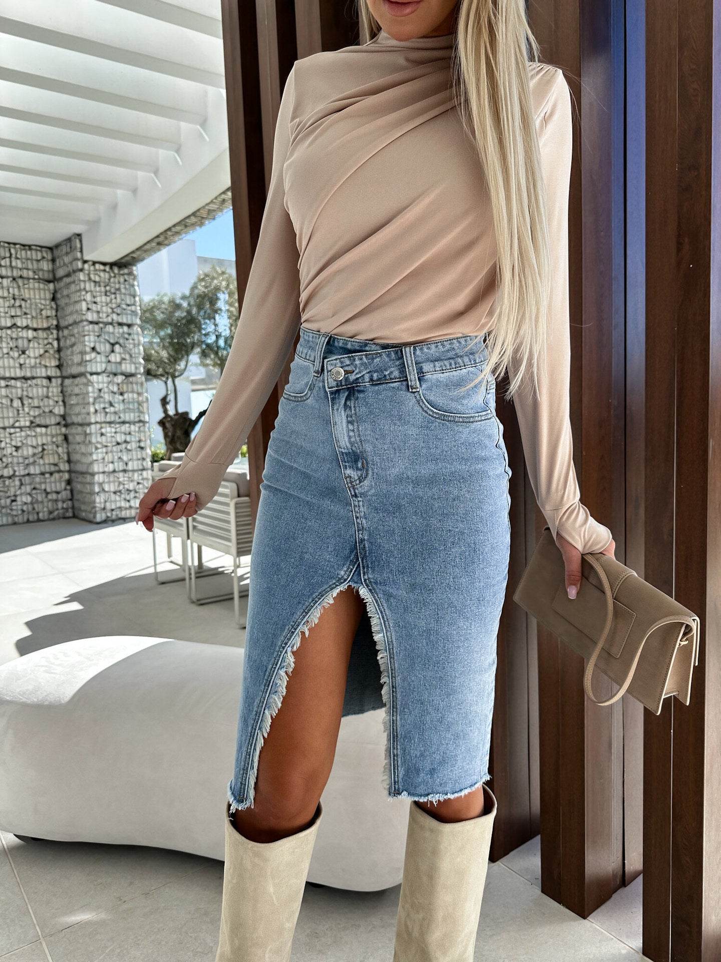 Fashion Solid Front Split Midi Denim Skirt - Velora