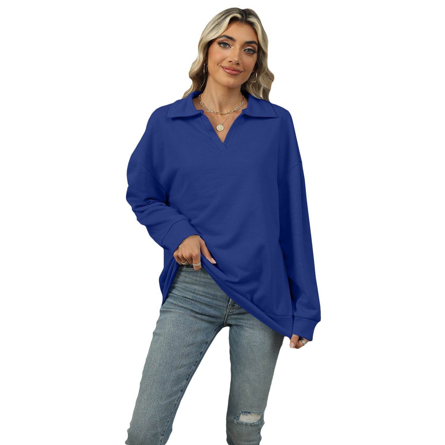 New Lapel V-neck Sweatshirt Fashion Casual Loose Solid Color Long-sleeved Pullover Top For Womens Clothing - Velora