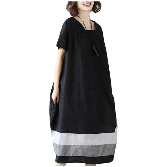Cotton And Linen Short Sleeve Dress Large Size Women's Mid Length - Velora