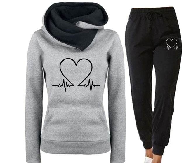 Love Heart Printed Sports Suit Hooded Sweatshirt Top And Drawstring Pants Fashion Casual Clothing For Women - Velora