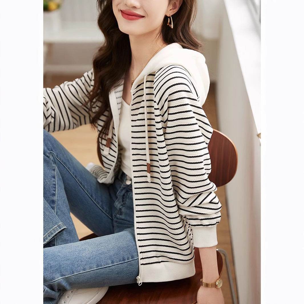 Simple Striped Commuter Hoodie Coat - Velora