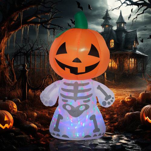 6ft Halloween Inflatables Outdoor Decorations, Smiling Skeleton Ghost With Pumpkin Head, Blow Up LED Yard Decor For Garden, Lawn, Party, Holiday, Waterproof - Velora