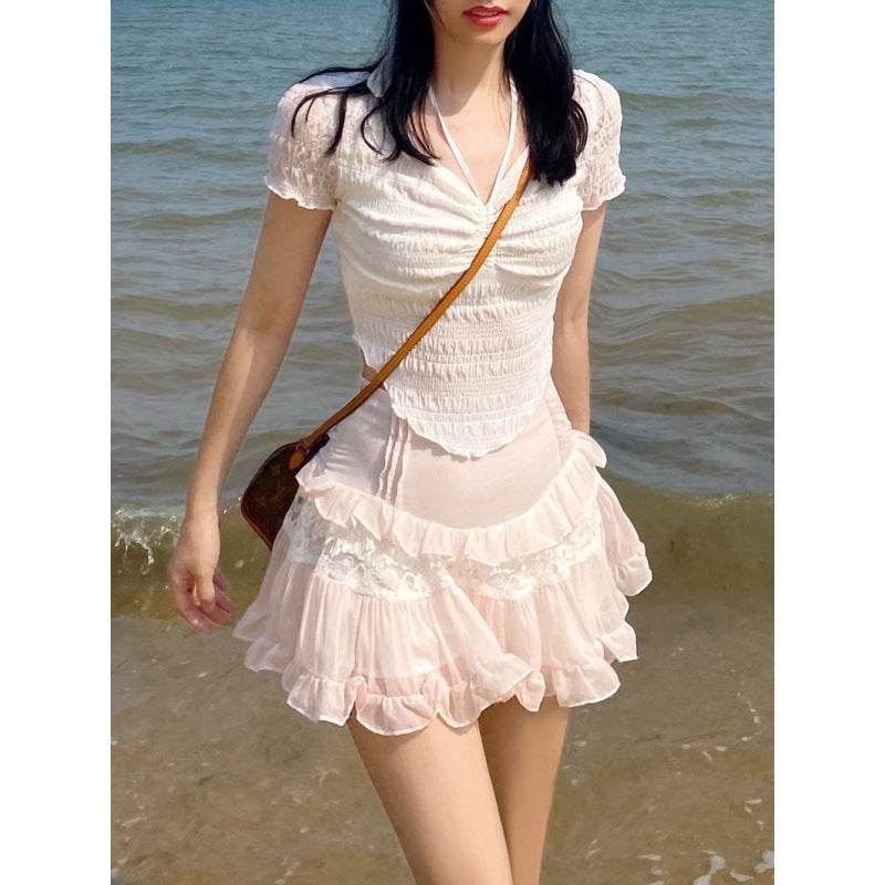 Sweet Girl Lolita High Waist Slimming Flounce Chiffon layered Mini Lace Skirt - Velora