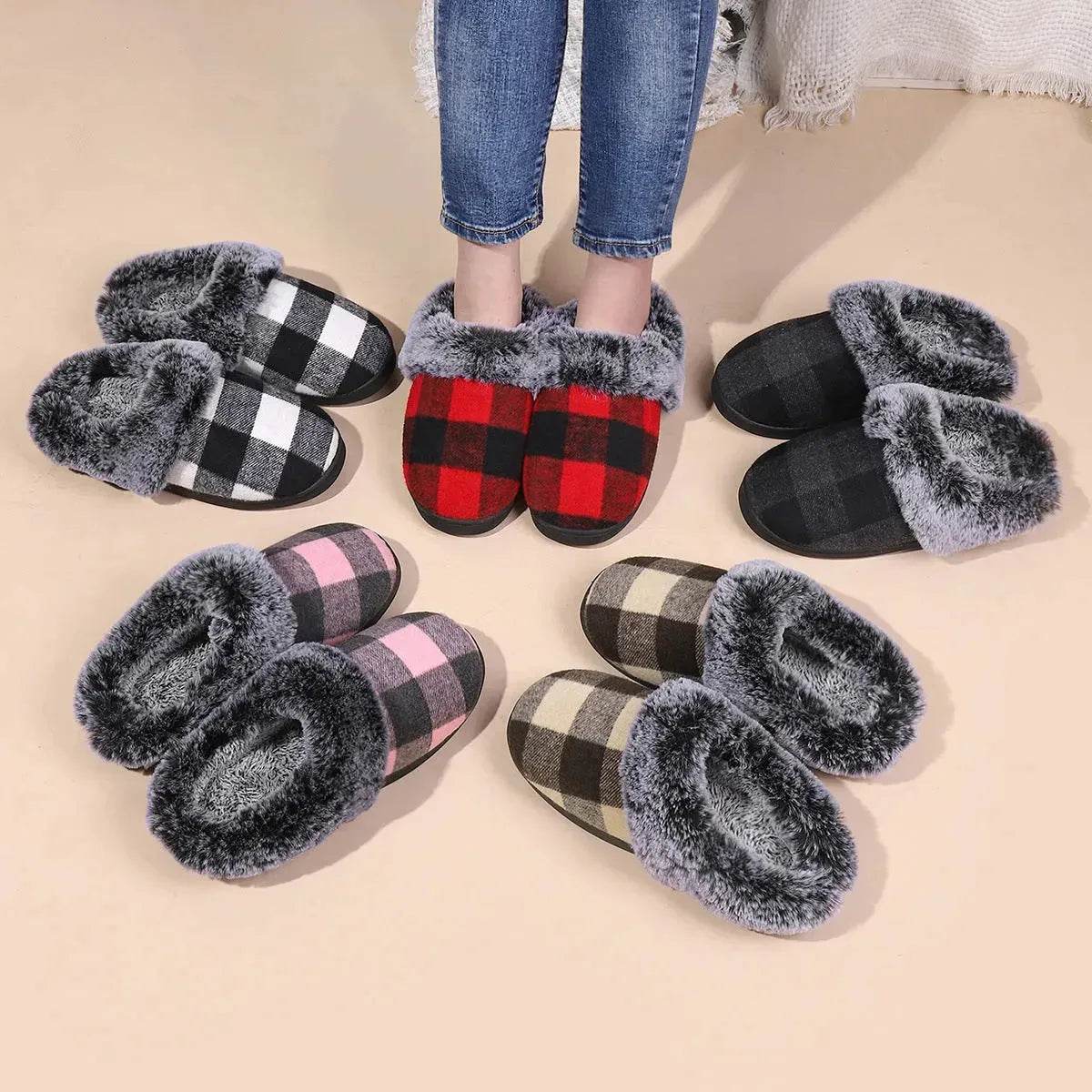 Winter Warm Plaid Plush Slippers Home Indoor Non-slip Bedroom Floor Soft Fuzzy Slipper For Couple Fashion Solid House Shoes - Velora