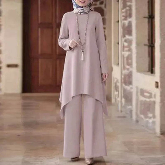 Two piece Arabset Middle East Solid Color Round Neck Pullover Midi Skirt and Pant Outdoor event ArabCo ord for Women ArabWork outfit - Velora