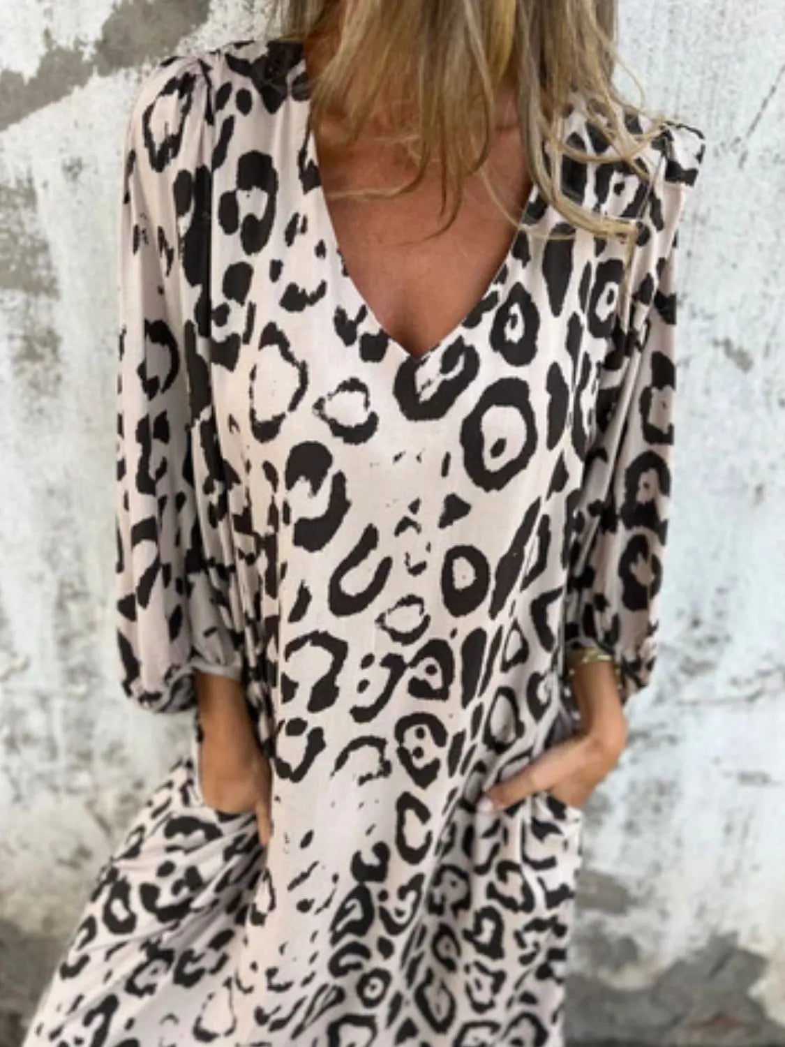 Full Size Printed V-Neck Dress with Pockets Plus Size - Velora