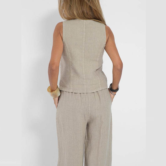 Summer Vest Suits V-neck Botton Sleeveless Top And Loose Straight Trousers Casual Womens Clothing - Velora