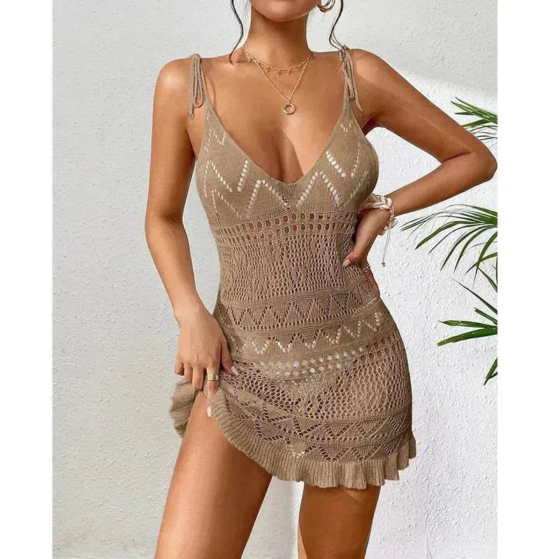 Women's Fashion Suspenders Deep V Knitted Beach Skirt Dress for Chic Ladies - Velora