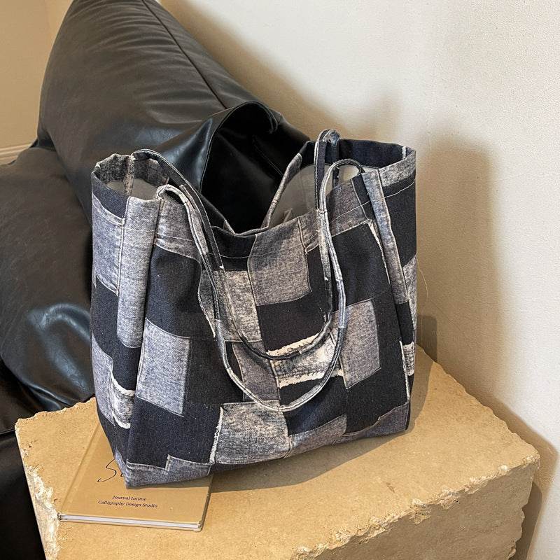 Women's Large Capacity Denim Color-contrast Check Idle Style Shoulder Commute Leisure Handbag Versatile Tote Bag - Velora