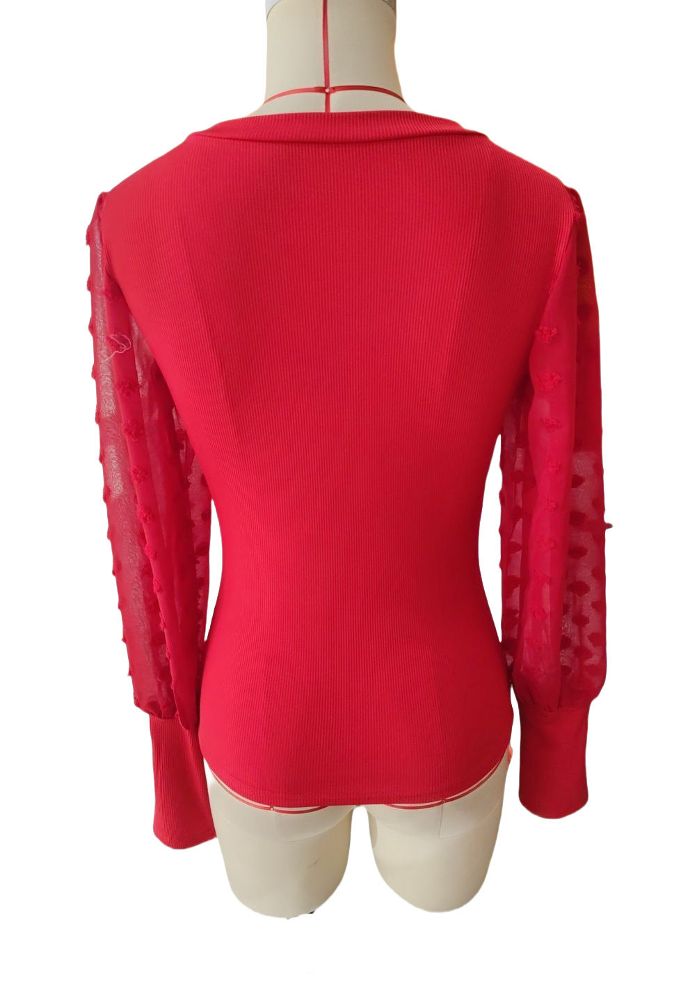 Elegant Rib V-neck Sleeve Chiffon Stitching Long Sleeve T-shirt Slimming Top