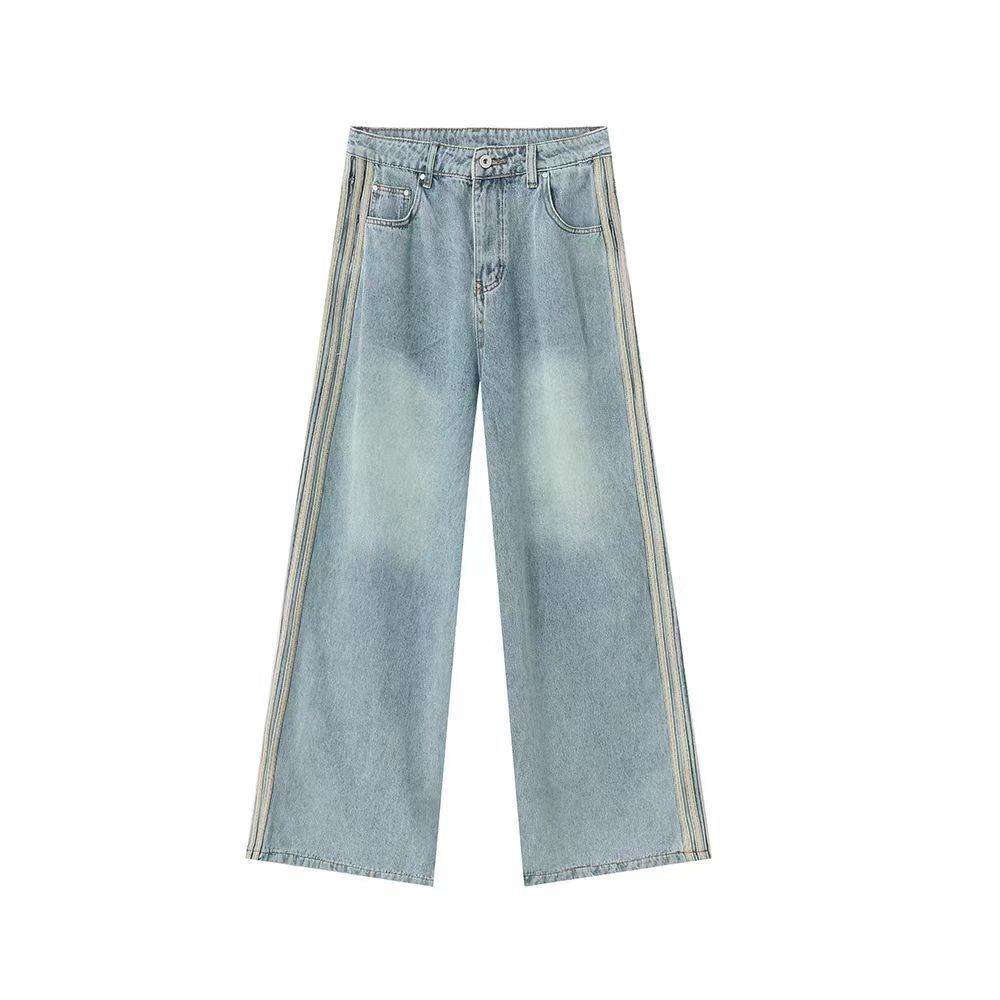 Retro Side Three Bar Stripes Short Sleeve Denim Shirt Outfit Men Jeans - Velora