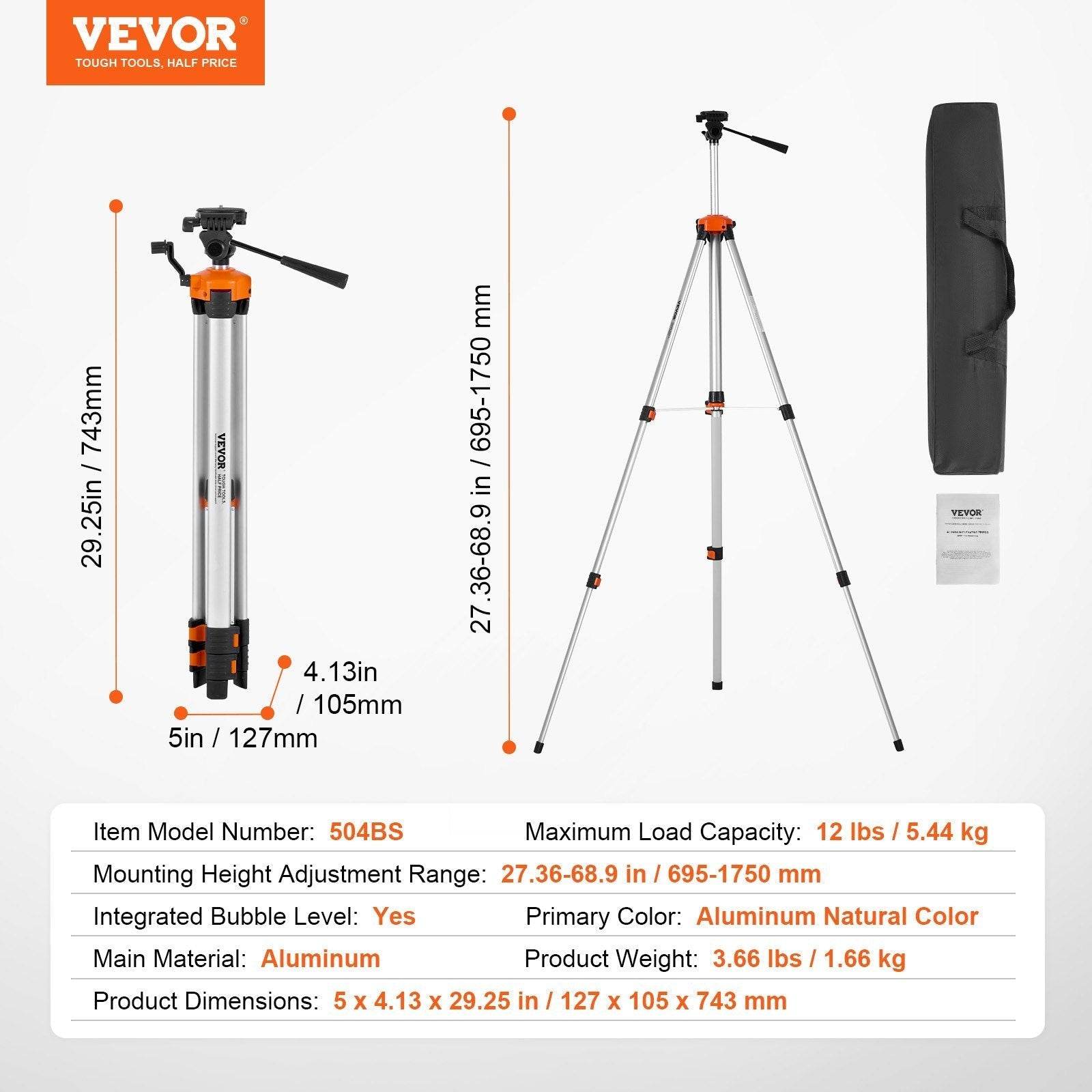 Laser Level Tripod X 20 Thread 27.36-68.11 Inch Height Adjustment - Velora