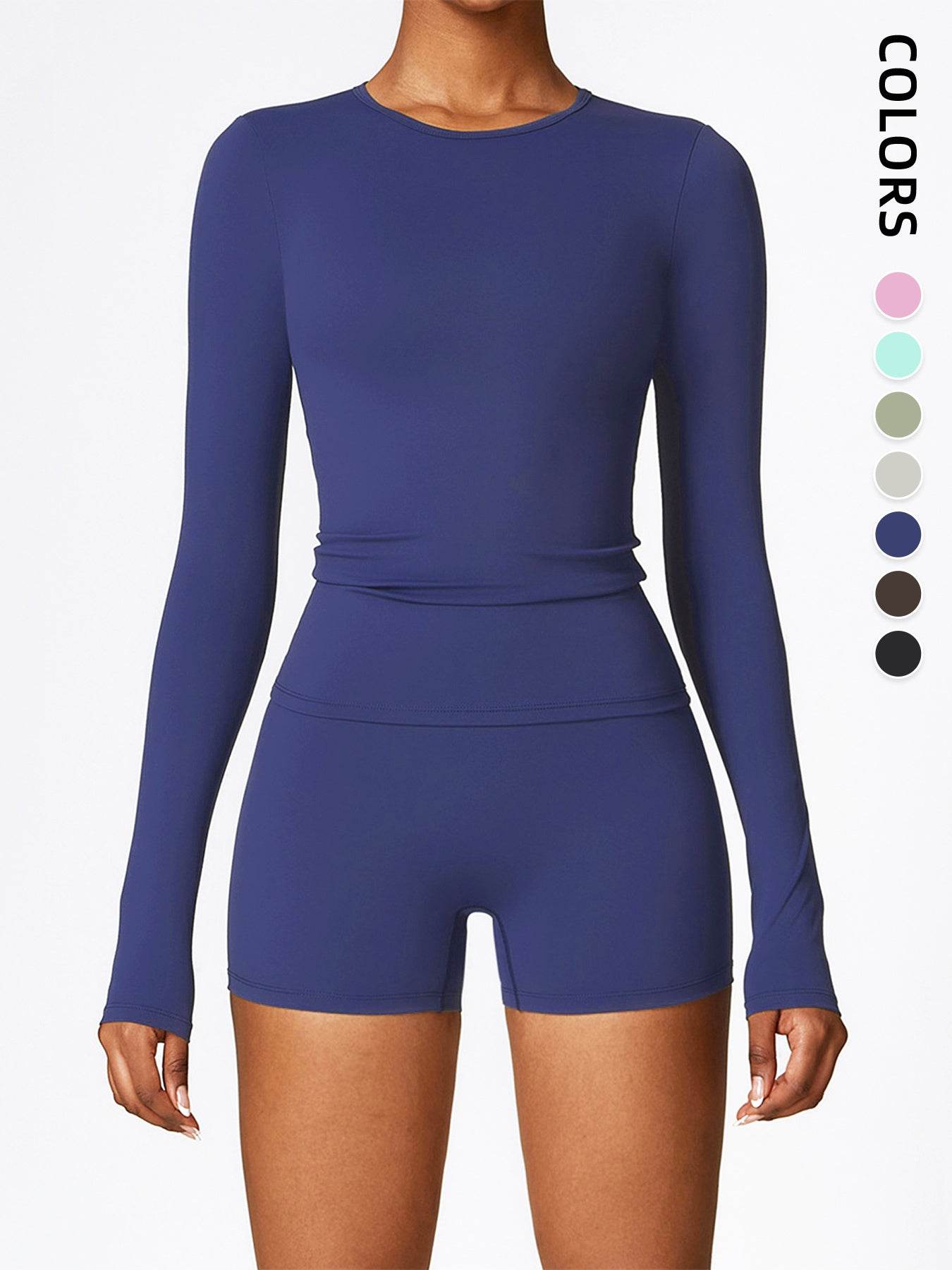 Women's Four Seasons Sports Suit, Women's Long Sleeve Round Neck Sports T-shirt And High Waist Tight Shorts Yoga Suit. - Velora