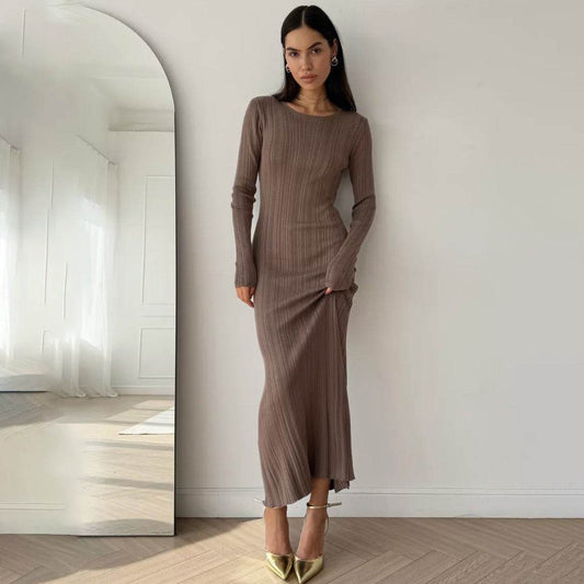 Sunken Stripe Waist-tight Hip Knitwear Dress Long Sleeve - Velora